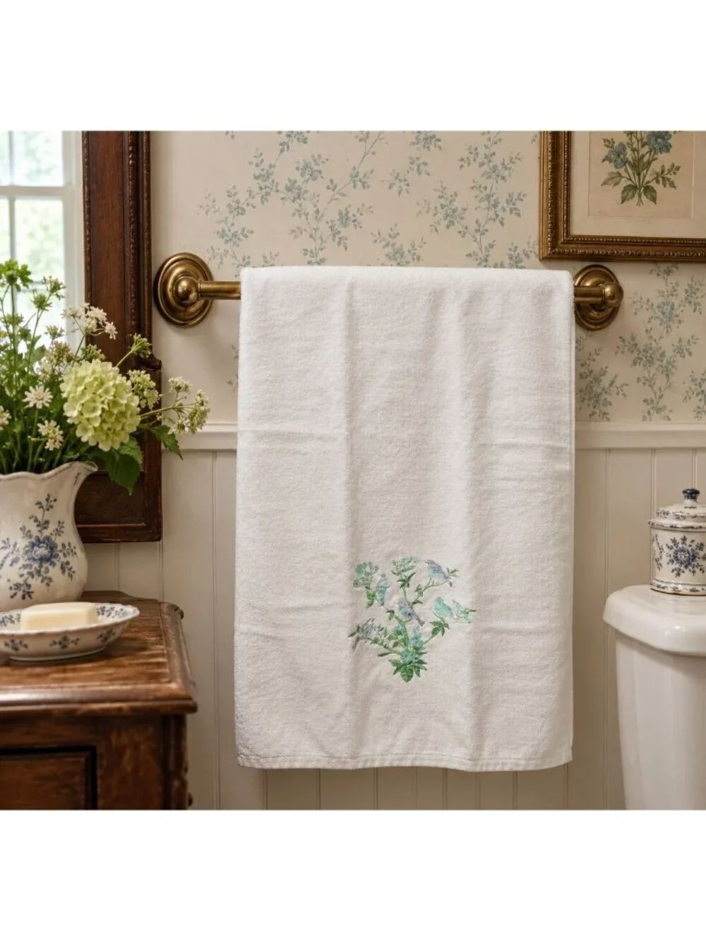 Vintage Martex Bath Towel Birds Flowers Blue Green Made In USA